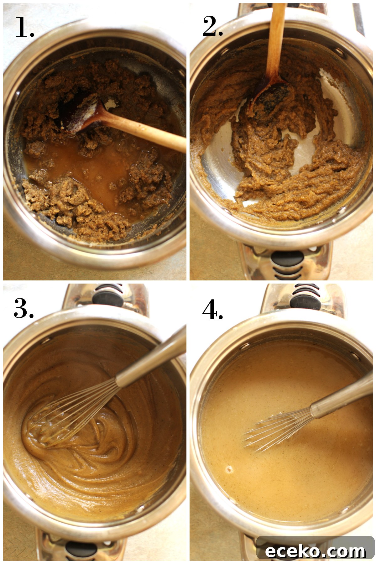 4 photo collage of adding the liquid to the roux and stirring it until smooth.