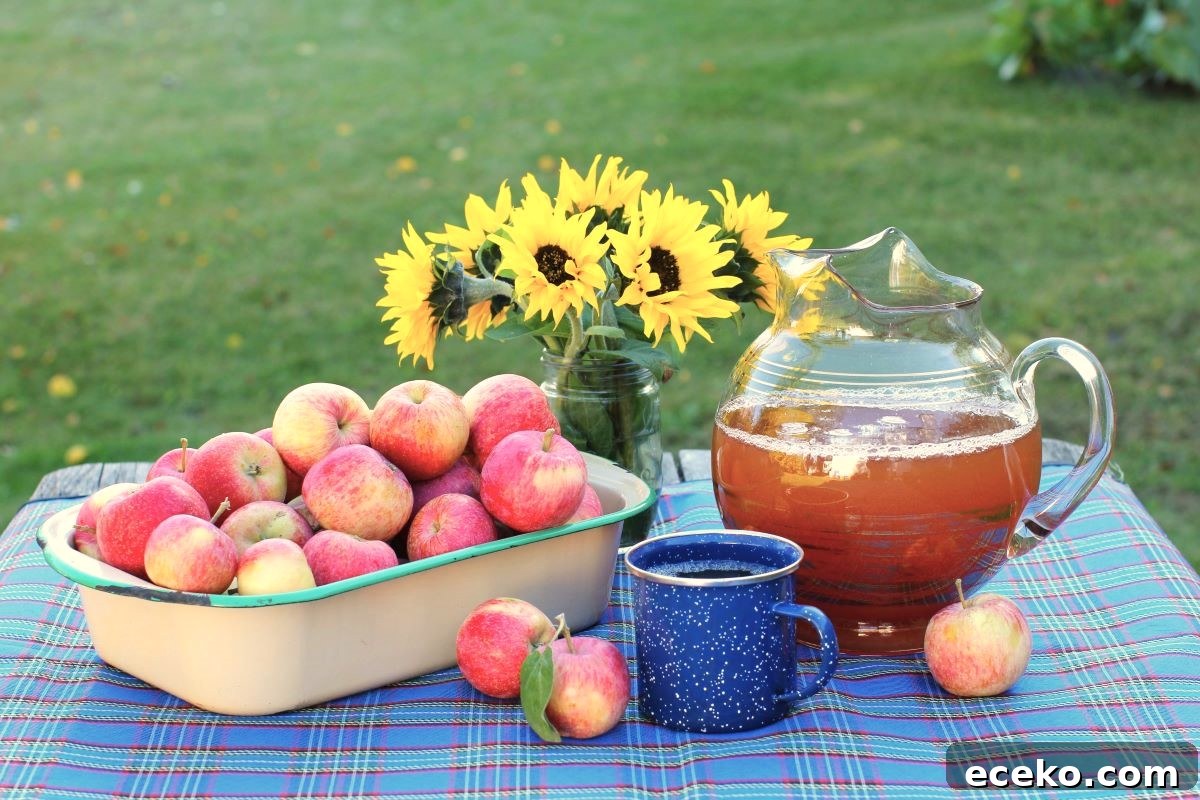 A bowl of apples, jar of sunflowers, jug of apple cider, and a blue tin mug out on the picnic table.
