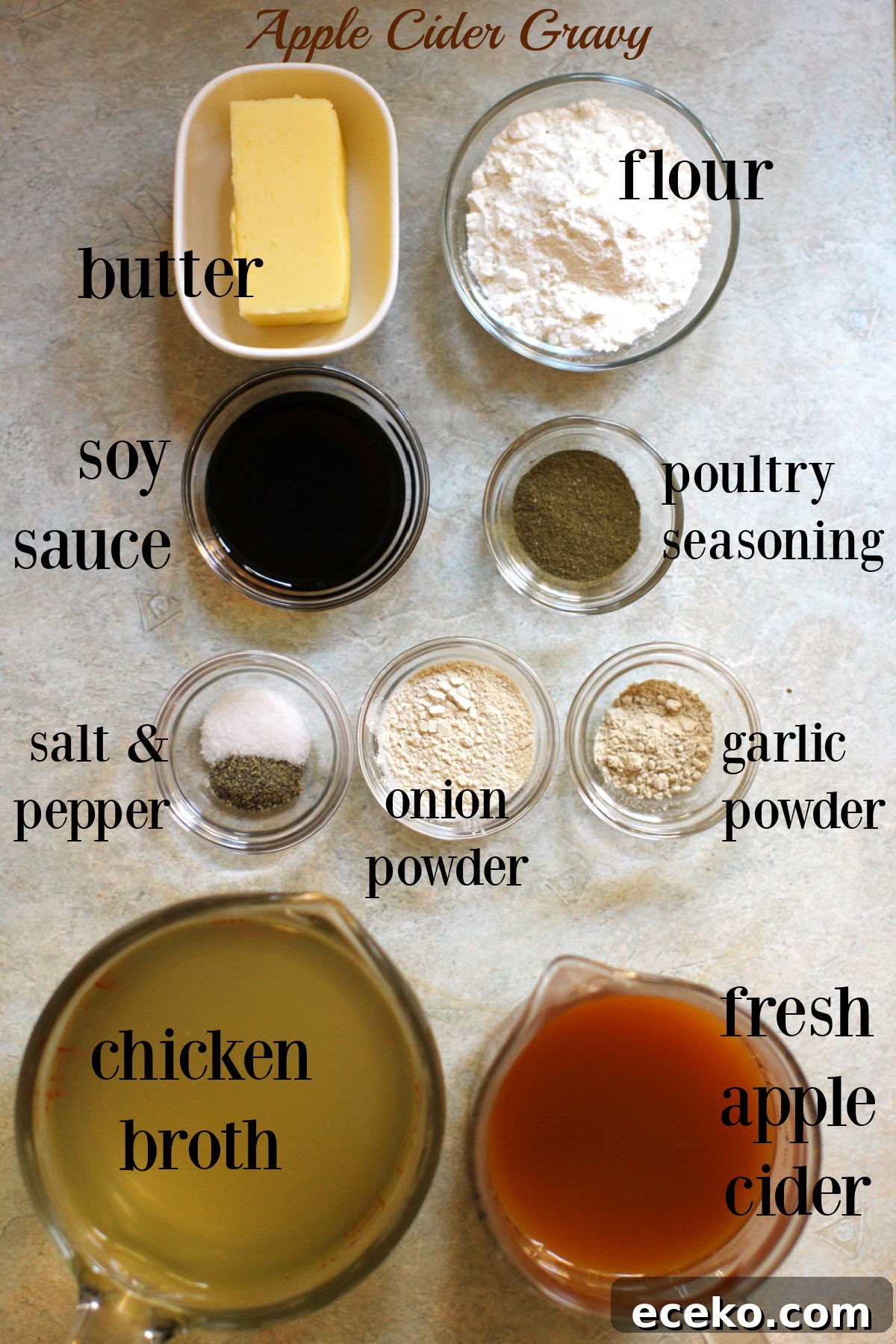 Ingredients for Apple Cider Gravy, labeled.