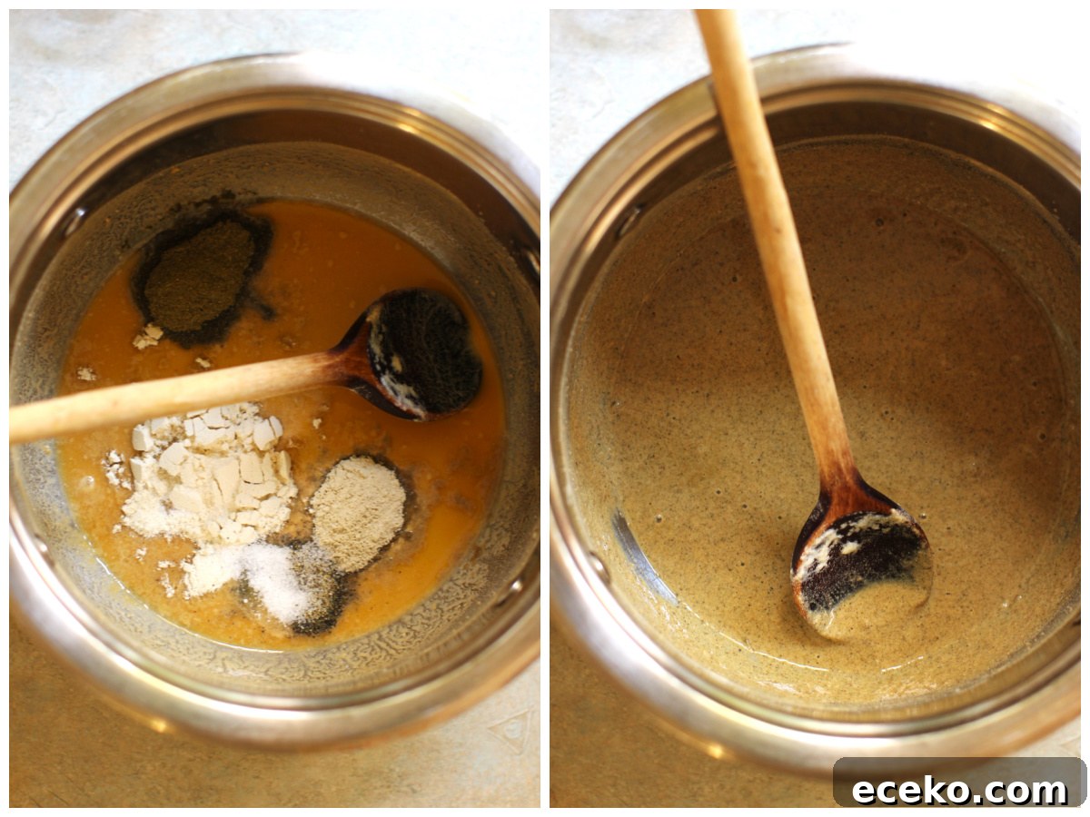 The apple cider gravy in a saucepan with the spices spooned in, then stirred in.