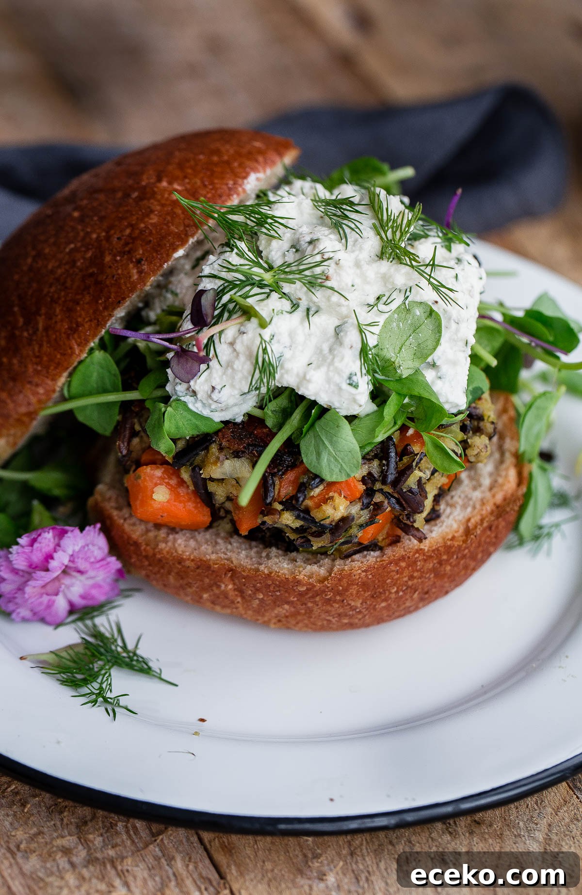 Wild Rice Veggie Burgers with Creamy Herbed Ricotta 8 Wild Rice Veggie Burgers with Herbed Ricotta - hearty vegan veggie burger recipe made with wild rice and vegetables!