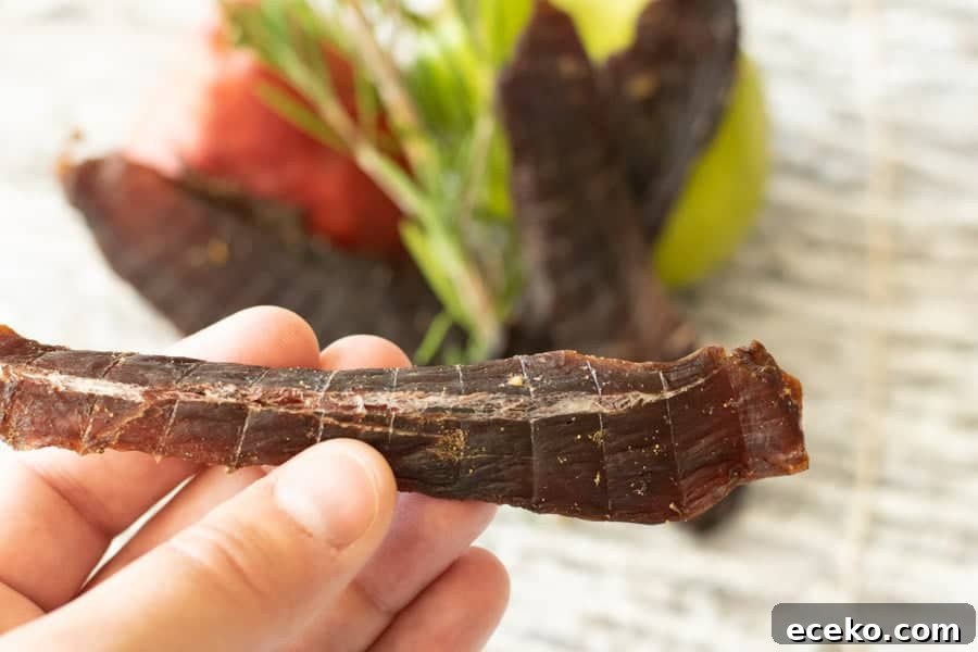 Rosemary-Pear Venison Jerky Recipe for Flavorful Snacks 12 Deer jerky bending showing white fibers with pear in background