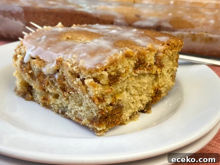 Cinnamon Applesauce Cake Recipe with Moist Spice and Quick Prep 2 Cinnamon chips in a sweet and moist applesauce cake on a small white plate with a fork between the piece of coffee cake and pan full