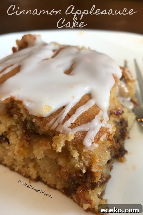 Cinnamon Applesauce Cake Recipe with Moist Spice and Quick Prep 13 Unbelievably moist piece of iced Cinnamon Applesauce Cake with cinnamon chips