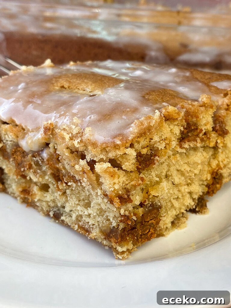 Cinnamon Applesauce Cake Recipe with Moist Spice and Quick Prep 5 Close up view of tender morsels of applesauce coffee cake with a light layer of icing running off the top down the side of the square piece of cake