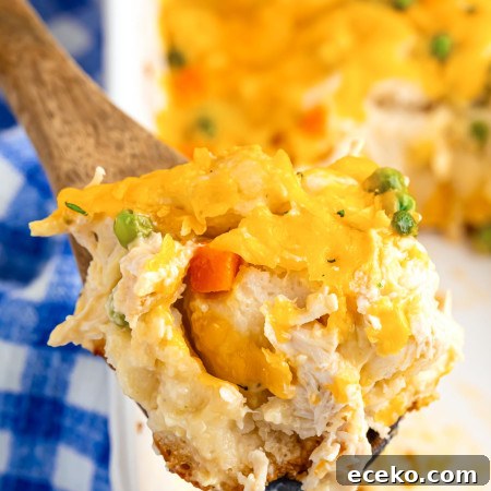 Chicken Pot Pie Bubble-Up Casserole Recipe for Cozy Dinners 11 Close up shot of a serving spoon with chicken pot pie bubble casserole