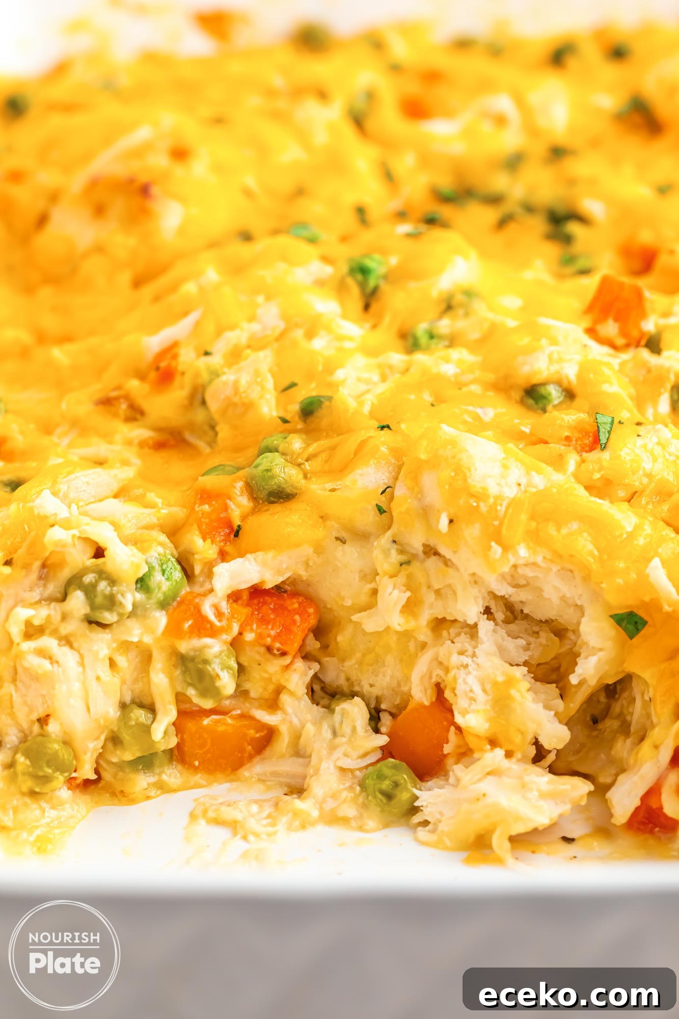 Chicken Pot Pie Bubble-Up Casserole Recipe for Cozy Dinners 9 Close up shot of Chicken Pot Pie Bubble Up Casserole