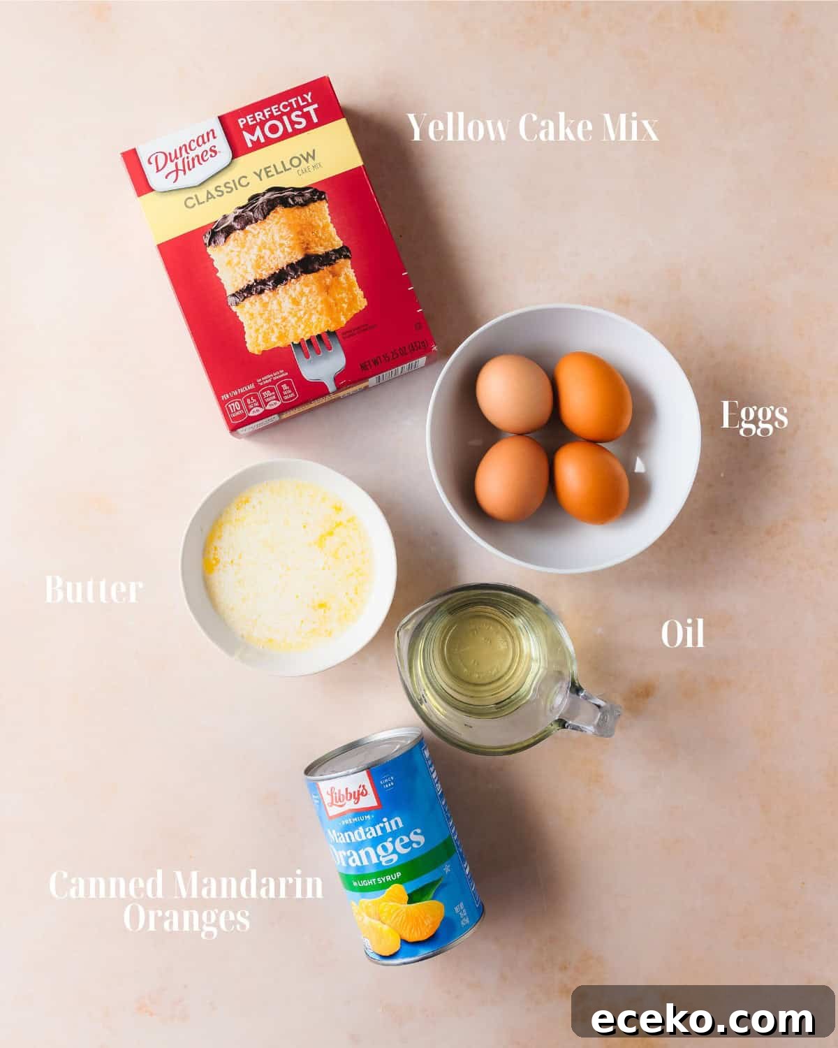 Mandarin Orange Cake with Sweet Citrus Glaze 3 Mandarin Cake Ingredients: Gather all cake mix, oil, melted butter, eggs and canned mandarin oranges.