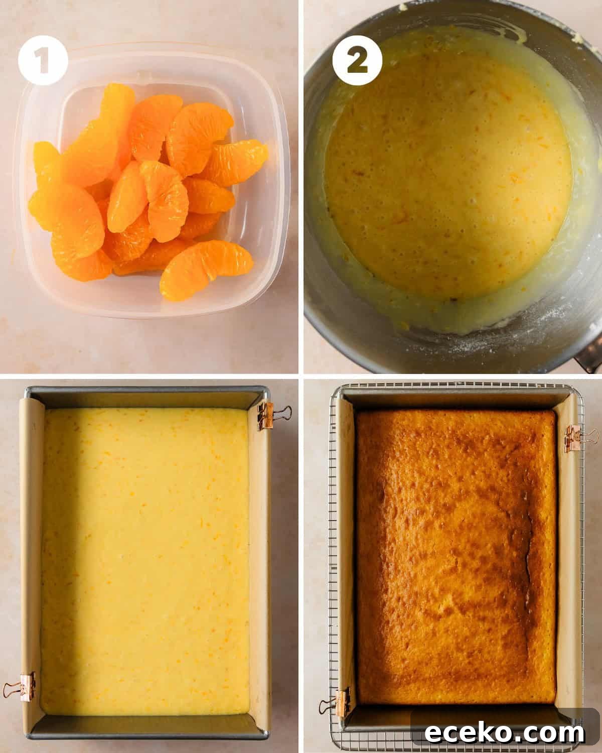 Mandarin Orange Cake with Sweet Citrus Glaze 6 Preheat the oven to 350 F (177 C). Lightly grease and line the bottom and long sides of a 9 x 13 inch cake pan with parchment paper. Reserve up to 16 mandarin orange slices for topping. Set aside in a bowl.
In a large mixing bowl, whisk the oil, melted butter, eggs, entire 16 oz. can of mandarin oranges (plus the juice) and cake mix until well combined. Pour the mandarin cake into the prepared cake pan. Bake for 30 - 35 minutes or until a toothpick inserted into the center comes out with a few moist crumbs. Cool the cake in the cake pan for 30 minutes. Using the parchment paper, gently lift the cake out of the pan, remove the parchment paper and return the cake to the pan or to a large serving platter. Cover and transfer the cake to the fridge to chill for 1 - 2 hours.