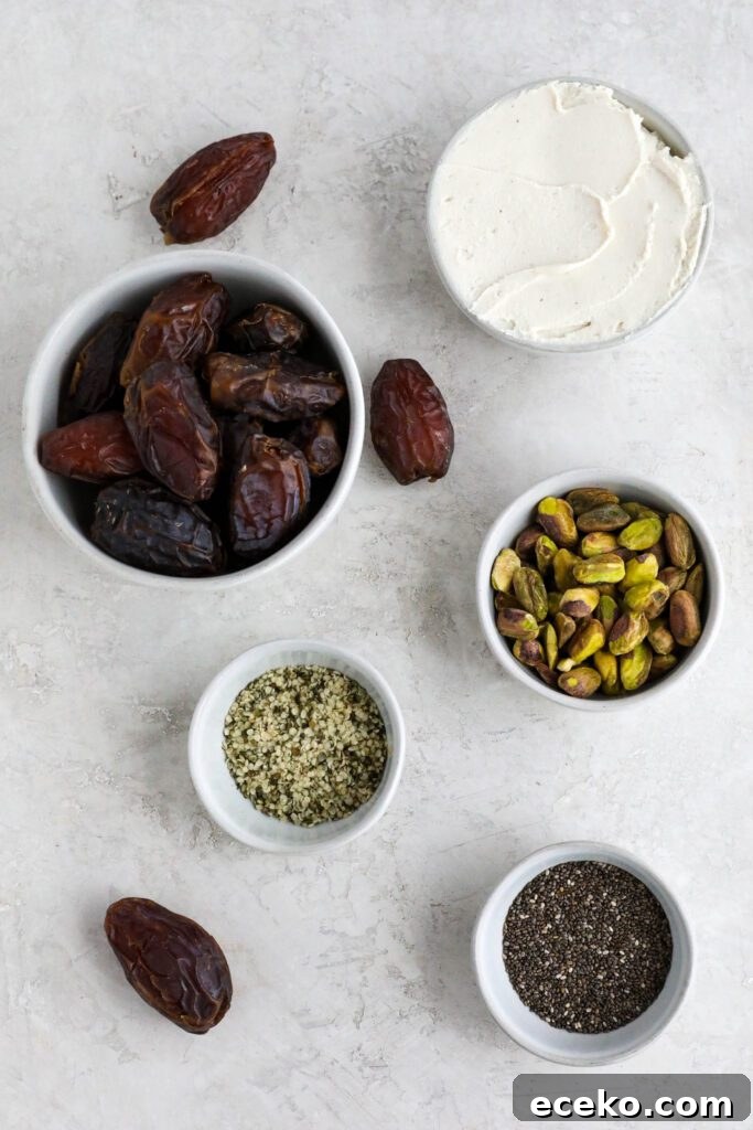 dates, cram cheese, pistachios, hemp seeds, and chia seeds