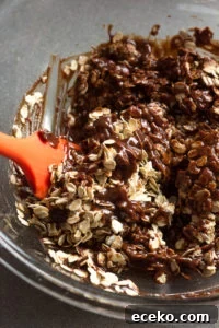No-Bake Chocolate Peanut Butter Oatmeal Cookies – Gluten Free 7 stirring chocolate into oats with a red spatula