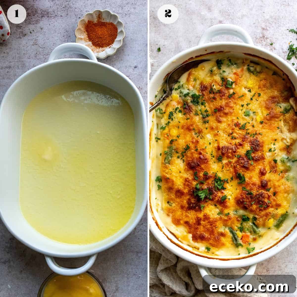 An overhead image of making the chicken cobbler in a casserole dish.