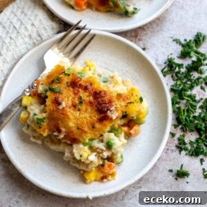 An image of a slice of chicken cobbler on a plate.