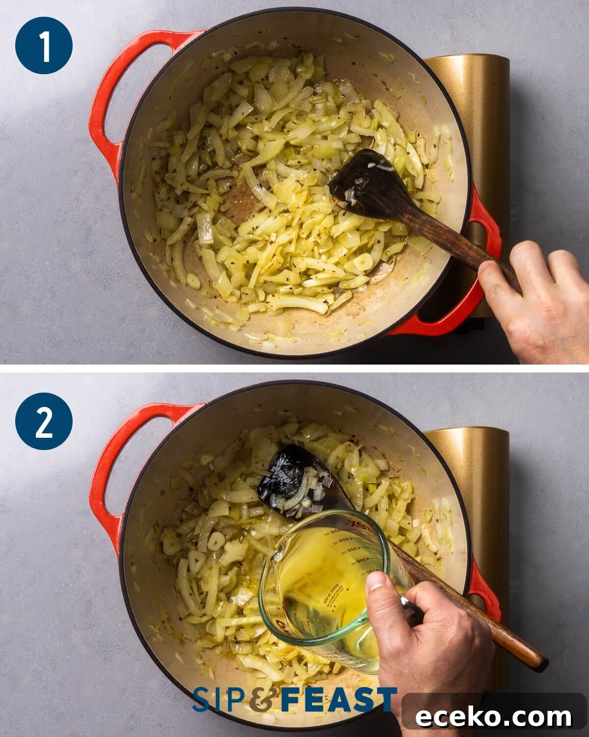 Authentic Cioppino: San Francisco-Style Seafood Steewith Shellfish 5 Recipe process shot collage group one showing sauteing onion and fennel in large Dutch oven and pouring wine into the pot.