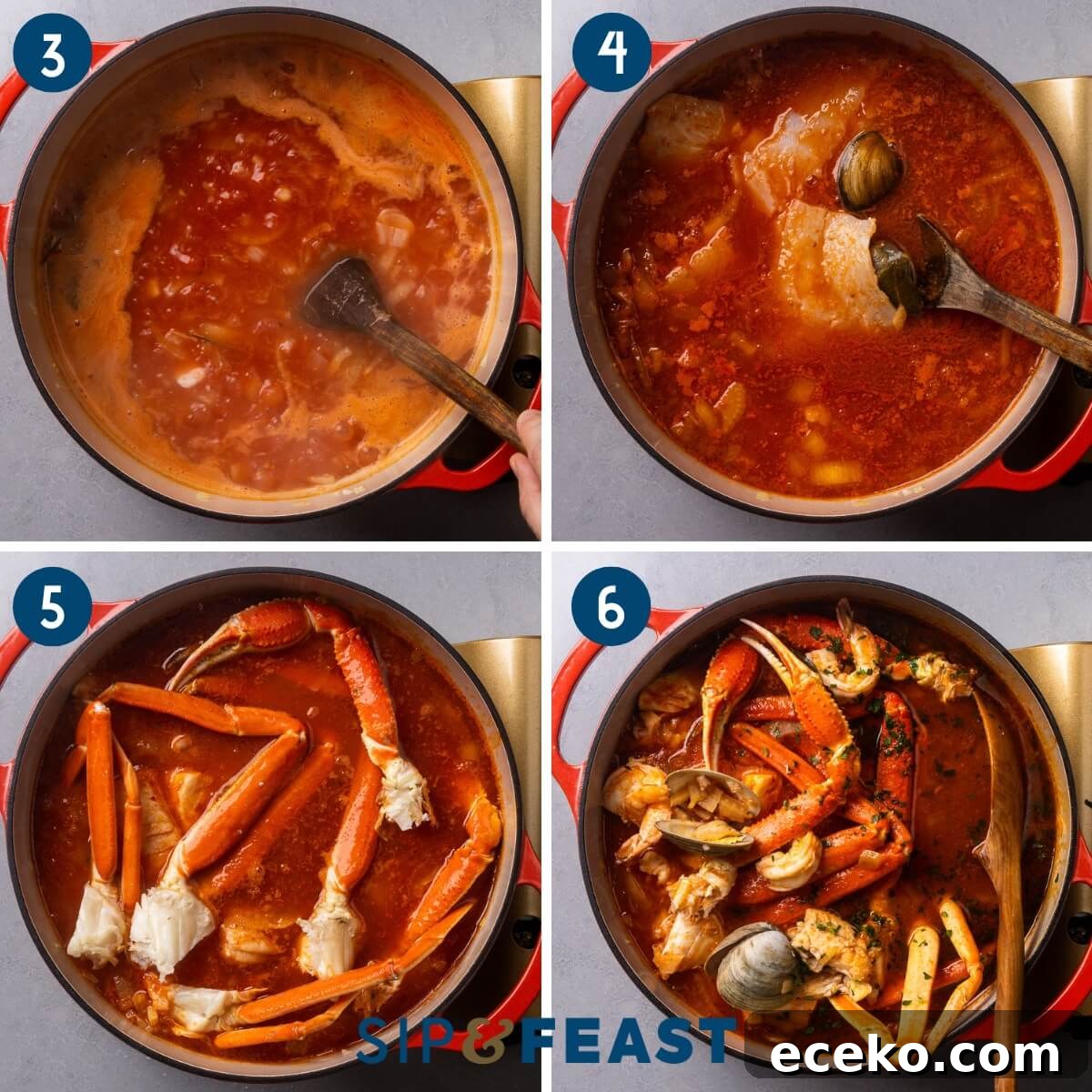 Authentic Cioppino: San Francisco-Style Seafood Steewith Shellfish 6 Collage two showing bringing broth to a simmer, adding fish and clams to pot, adding crab legs and shrimp, and the finished seafood stew.