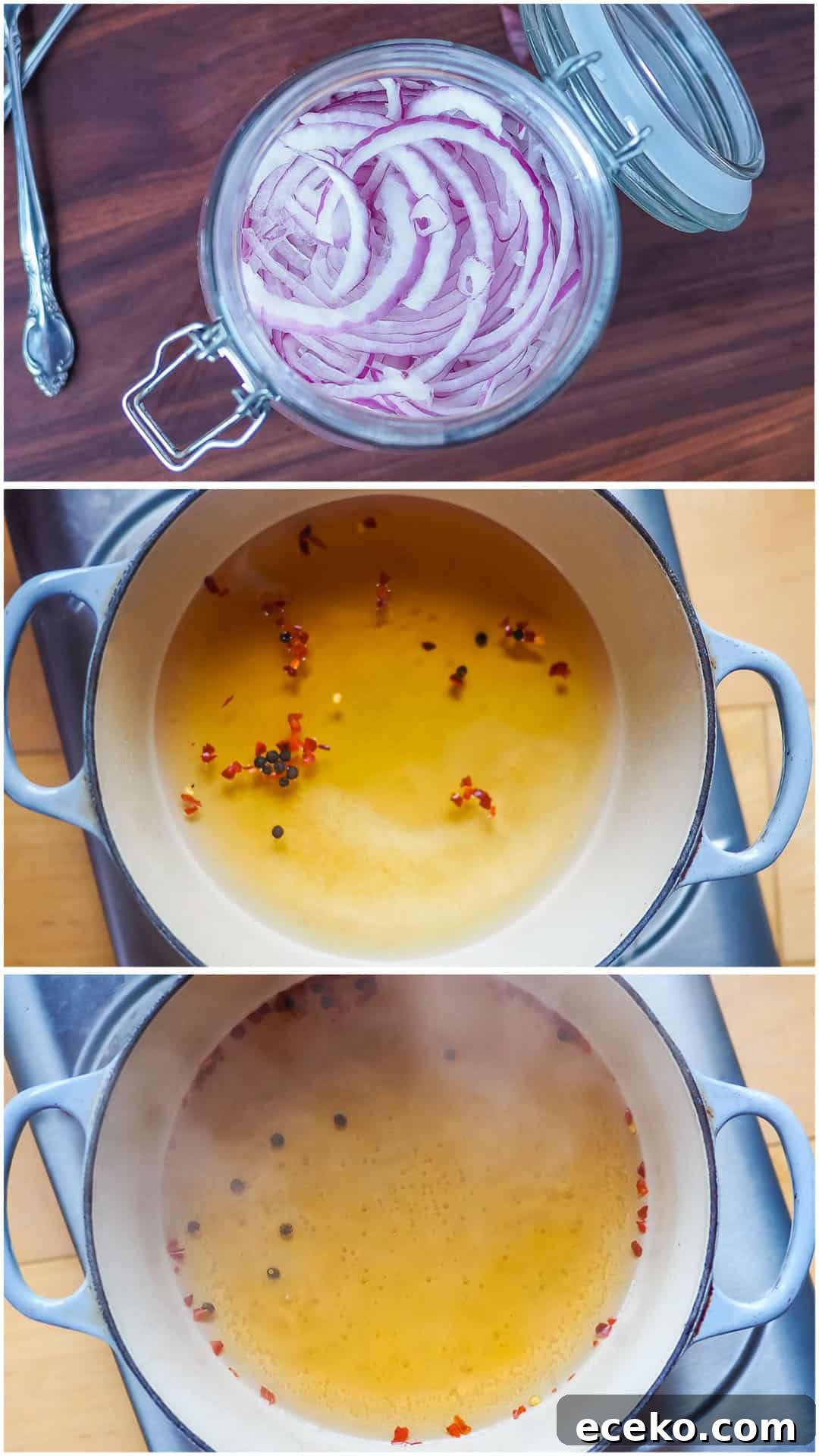 Quick Pickled Red Onions Recipe for Toppings & Salads 6 A collage of images showing how to make pickled red onions, steps 4 - 6.