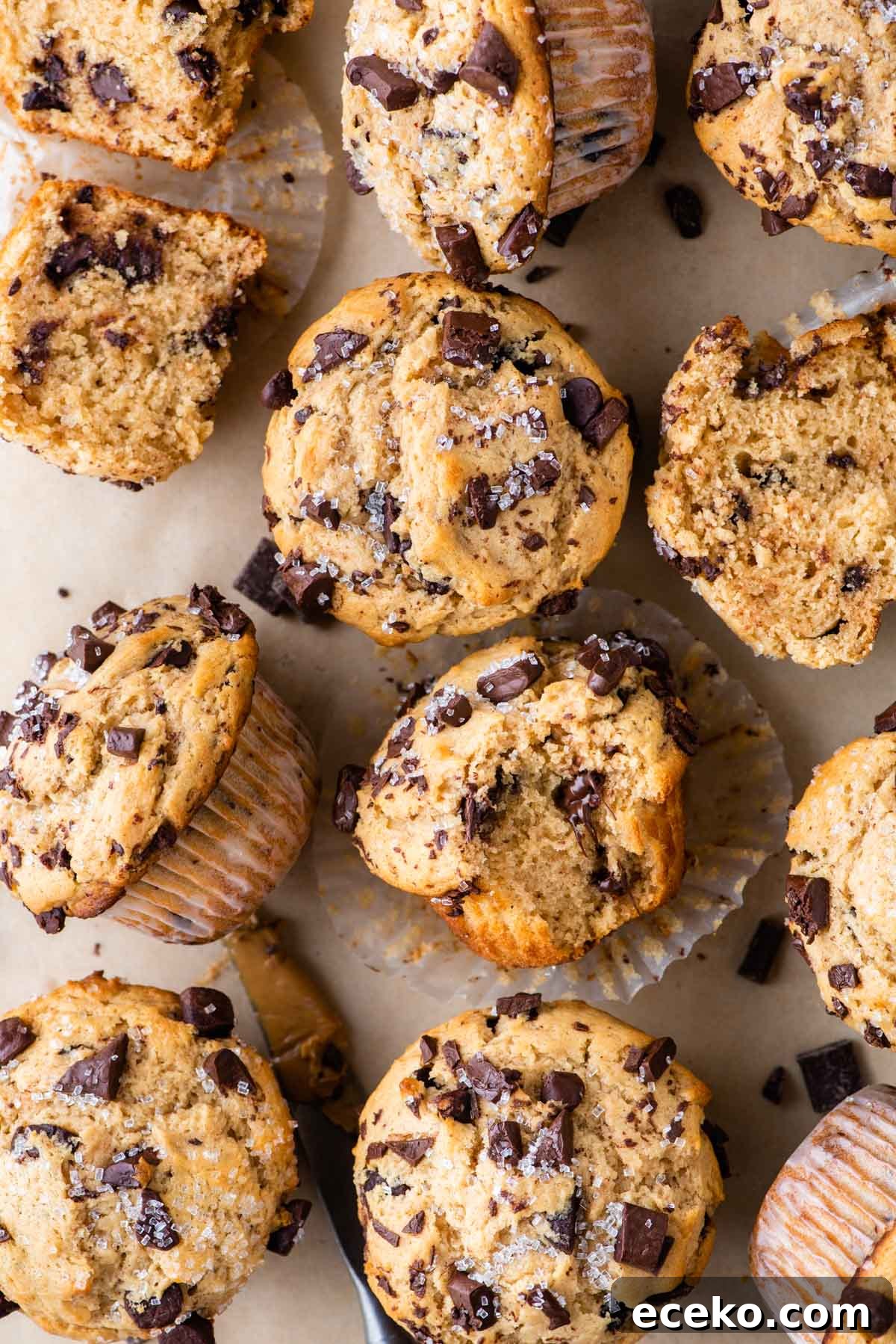 peanut butter muffins with chocolate chips arranged in a grid pattern on brown parchment paper