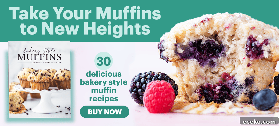 A bakery cookbook promotion features a close-up of a berry muffin with fresh blackberries and raspberries beside it. Text reads: Take Your Muffins to New Heights—30 delicious bakery style muffin recipes. Buy Now.