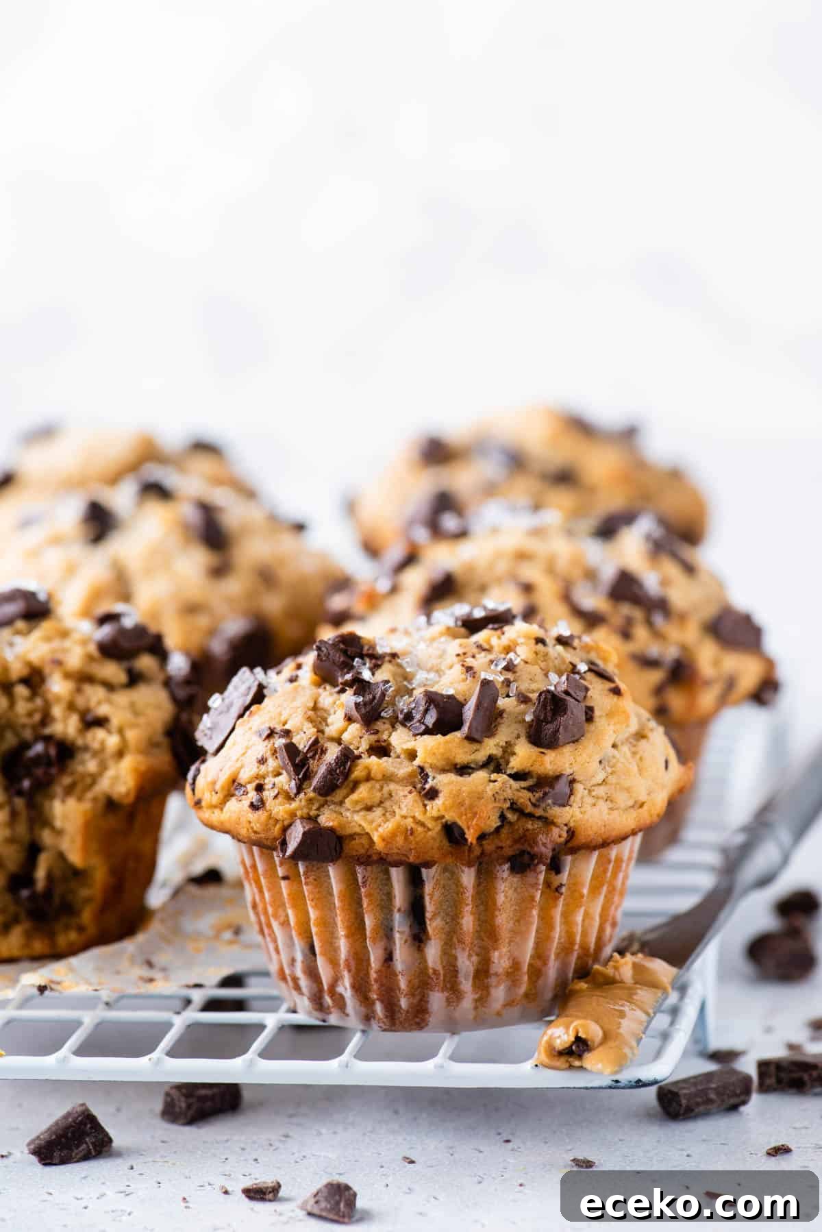 peanut butter muffins displayed on white wire rack