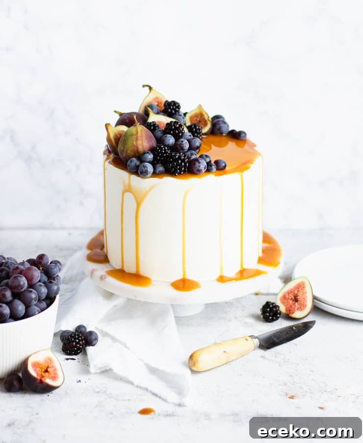 sweet potato cake topped with figs, blackberries and grapes