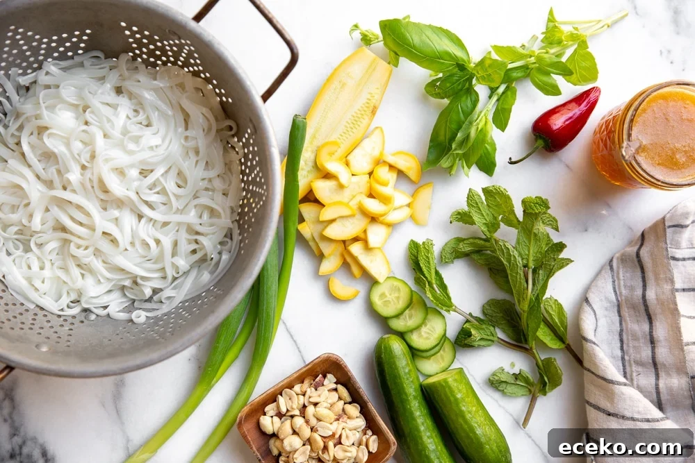 Vietnamese Cold Rice Noodle Salad with Garlicky Shrimp Skewers 3 The ingredients for the rice noodle salad arranged on a marble countertop.