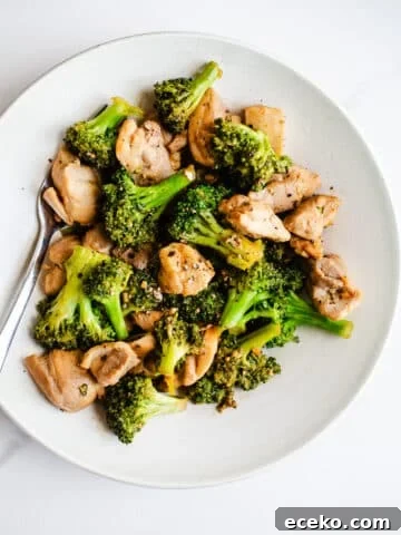 Chicken and broccoli on a white plate.