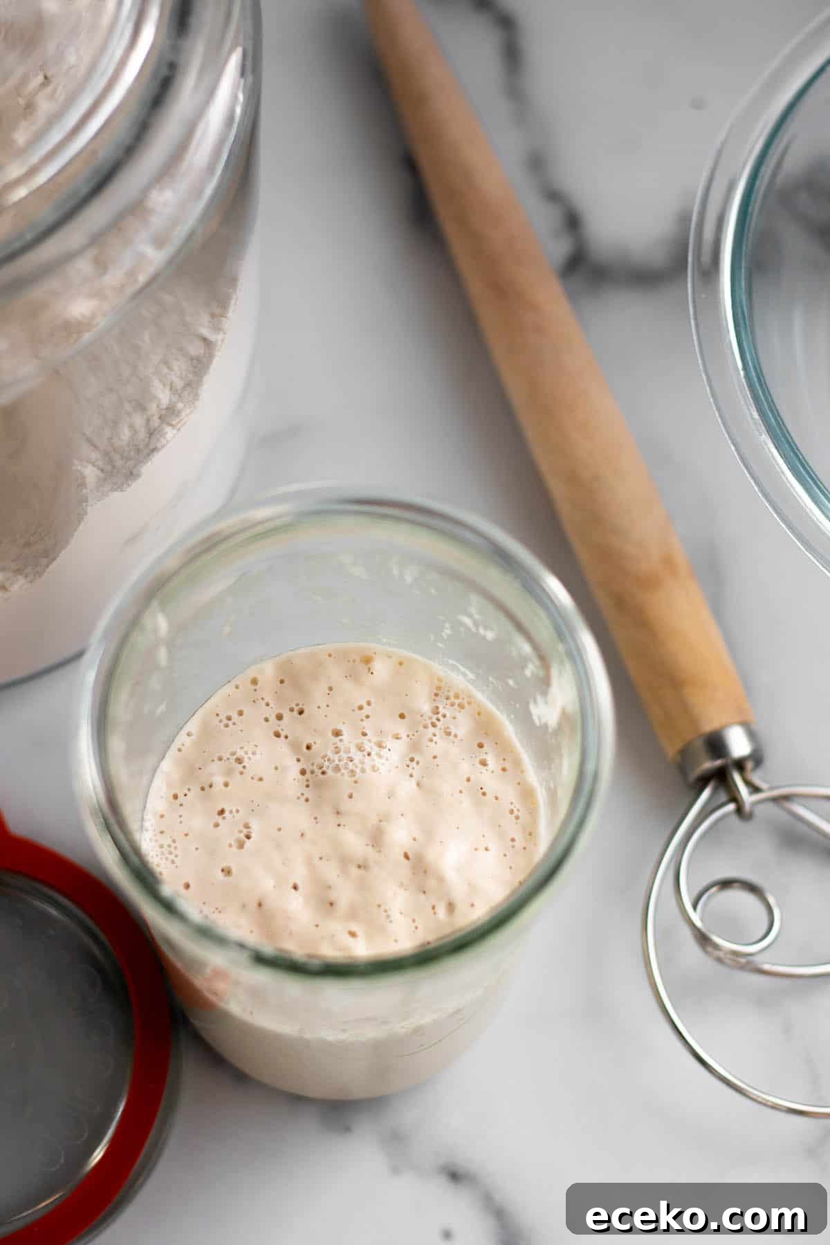 Overhead view of a jar of sourdough starter with a container of flour and danish dough whisk.