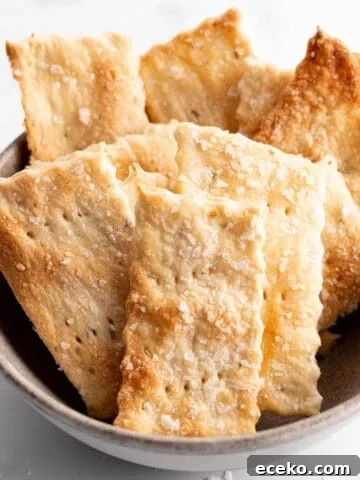 A small bowl with a pile of sourdough crackers.