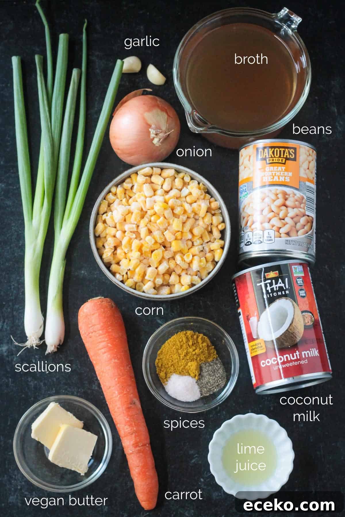 Creamy Coconut Curry Corn Soup Recipe 3 Recipe ingredients arrayed in individual bowls.