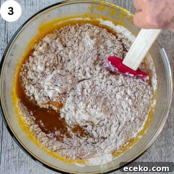 Dry ingredients being blended into a brown batter.