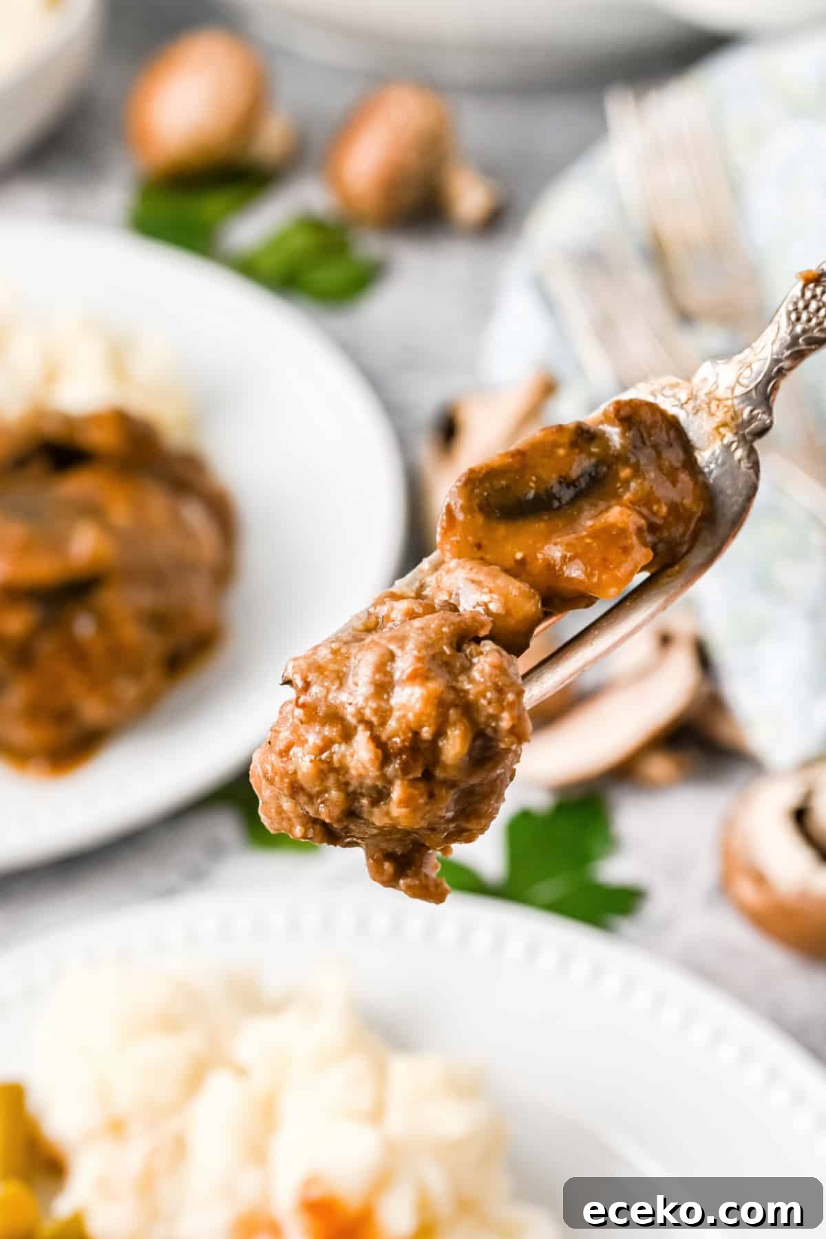 Salisbury Steak bite on a fork