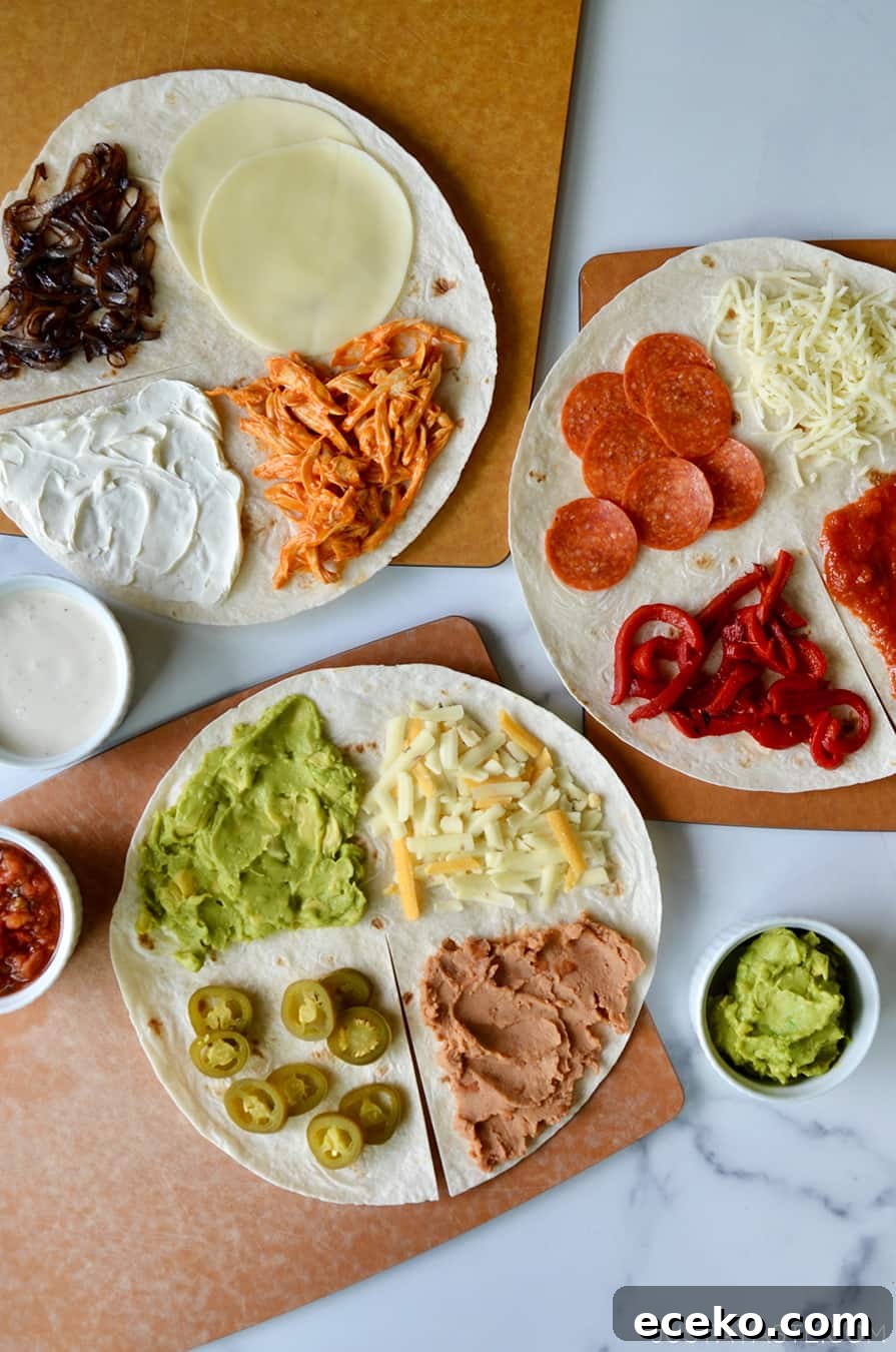 Genius Tortilla Wrap Hack for Perfect Meals in Minutes 4 Open-faced nacho-inspired tortilla, buffalo chicken tortilla and pizza-style tortilla