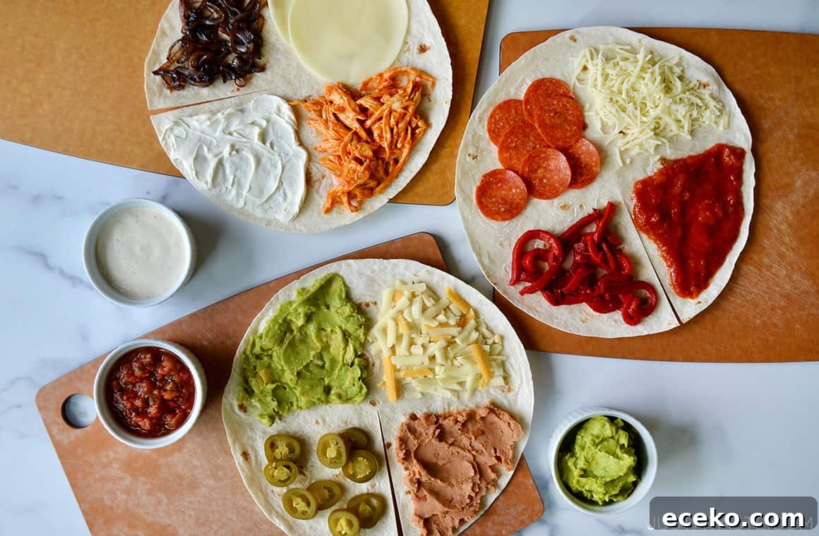 Genius Tortilla Wrap Hack for Perfect Meals in Minutes 8 Three flour tortillas topped with various ingredients
