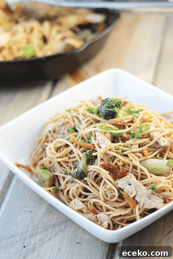 Quick Chicken Lo Mein Recipe: Flavorful Stir-Fry in 30 Minutes 3 a white bowl full of noodles, chicken, and veggies sitting on a wooden surface with more chicken lo mein in the background