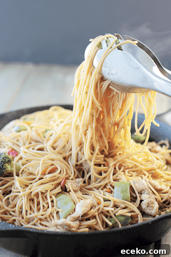 Quick Chicken Lo Mein Recipe: Flavorful Stir-Fry in 30 Minutes 4 chicken lo mein in a black cast iron skillet with tongs pulling a clump of noodles up and out of the pan