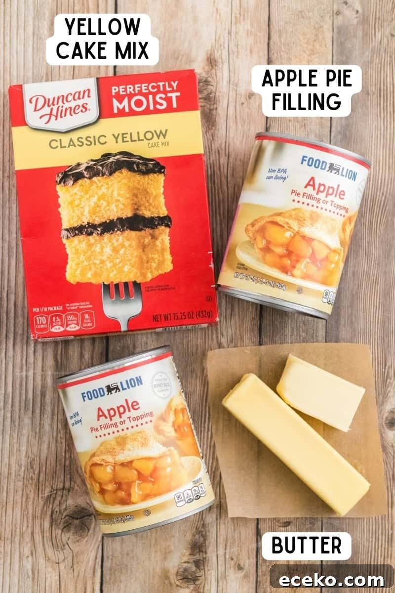 3-Ingredient Apple Dump Cake Recipe: Quick Crowd-Pleasing Dessert 4 Ingredients for apple dump cake: yellow cake mix, 2 cans of apple pie filling, and butter.
