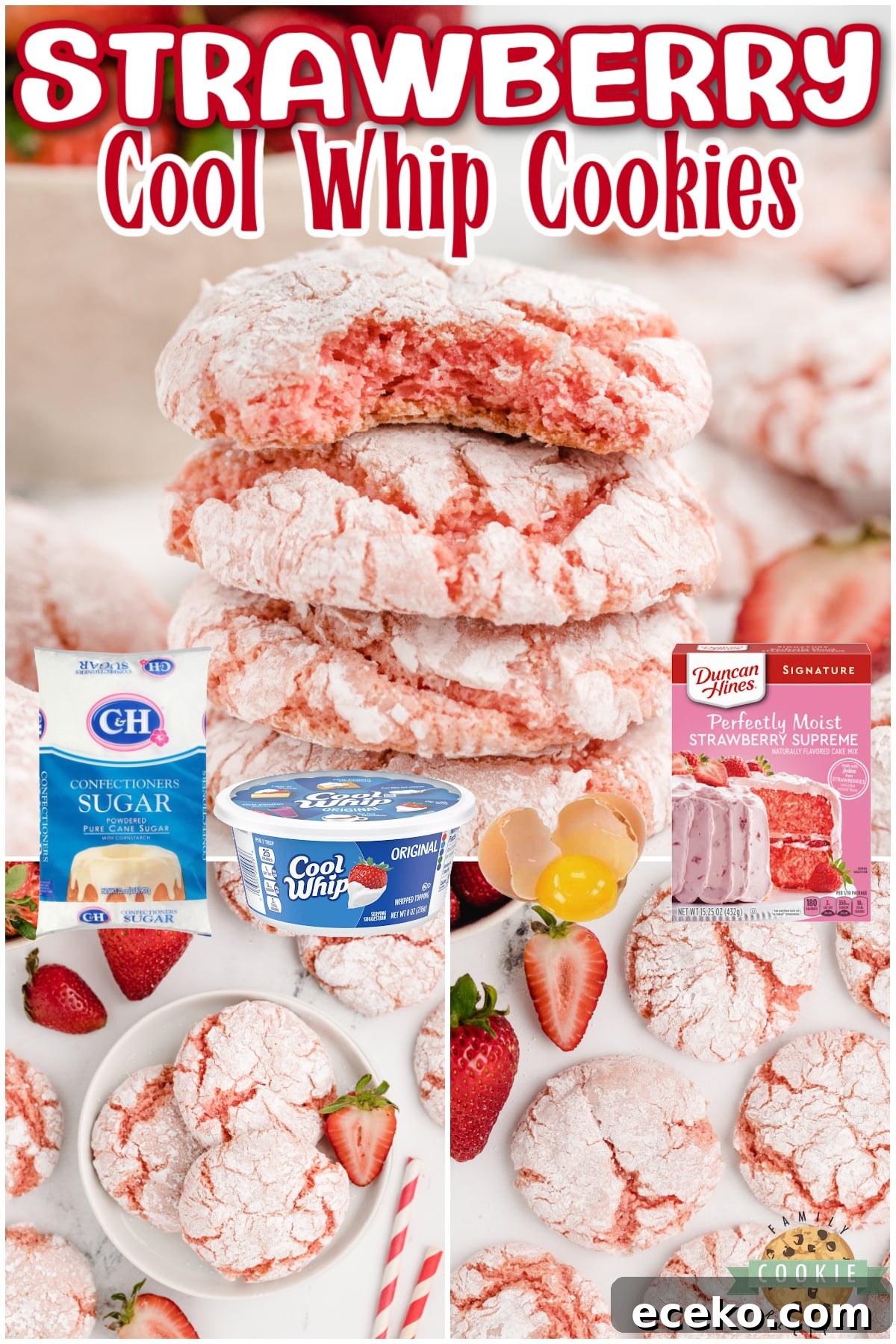 Strawberry Cool Whip Cookies made with a strawberry cake mix, Cool Whip and an egg. A lighter cookie recipe that is easy to make and with less calories than traditional cake mix cookies