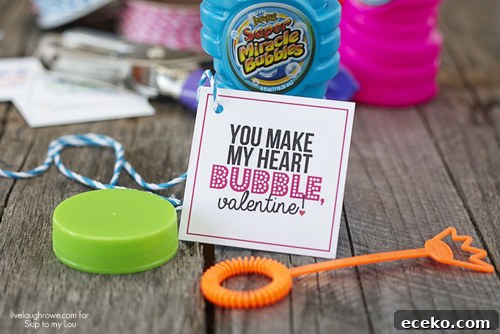 Super cute! Non Candy Valentines using Bubbles -- with free printable! 'You Make My Heart Bubble, Valentine!'