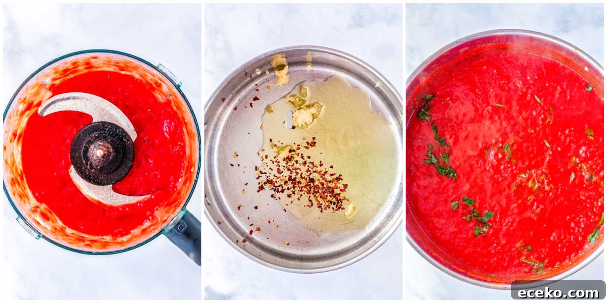 Three-Cheese Manicotti with Homemade Tomato Sauce 6 A three-step process shot showing the sauce preparation: blending the tomatoes, sautéing garlic and red pepper flakes in a pan, and simmering the finished tomato sauce.