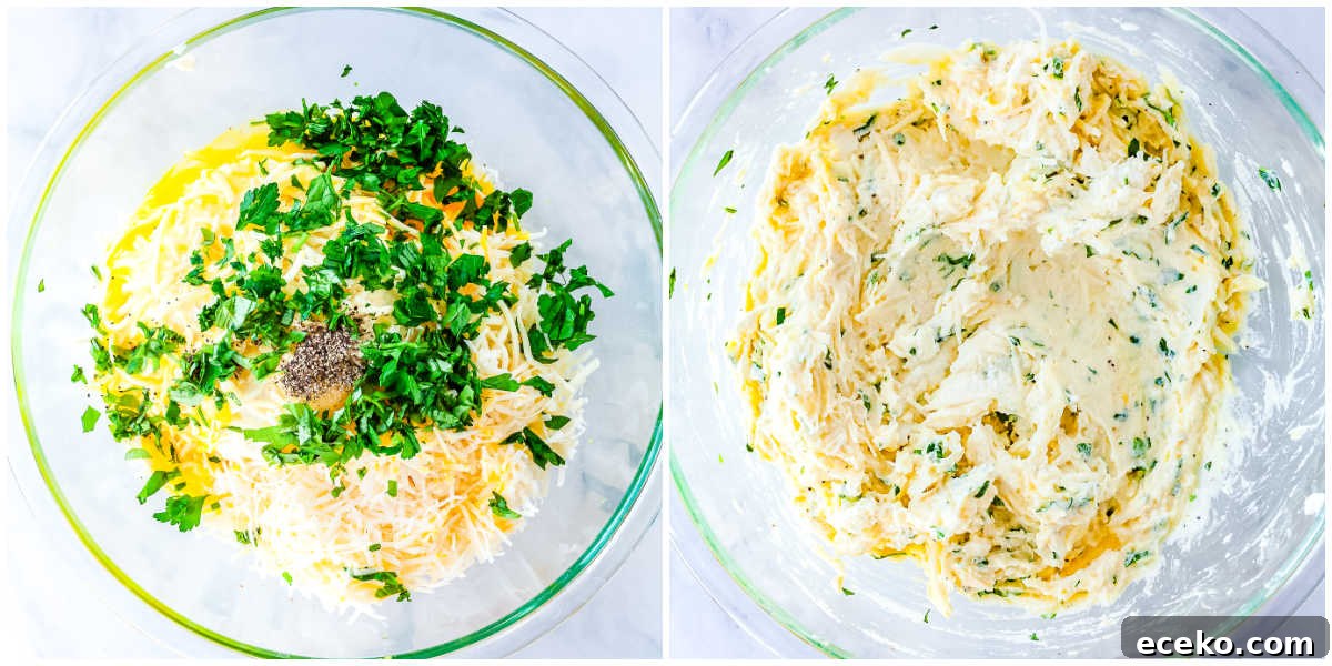 Three-Cheese Manicotti with Homemade Tomato Sauce 7 Two images showing the filling instructions: a glass bowl containing unmixed ricotta, eggs, and herbs, next to the bowl with the ingredients fully combined into a creamy filling.
