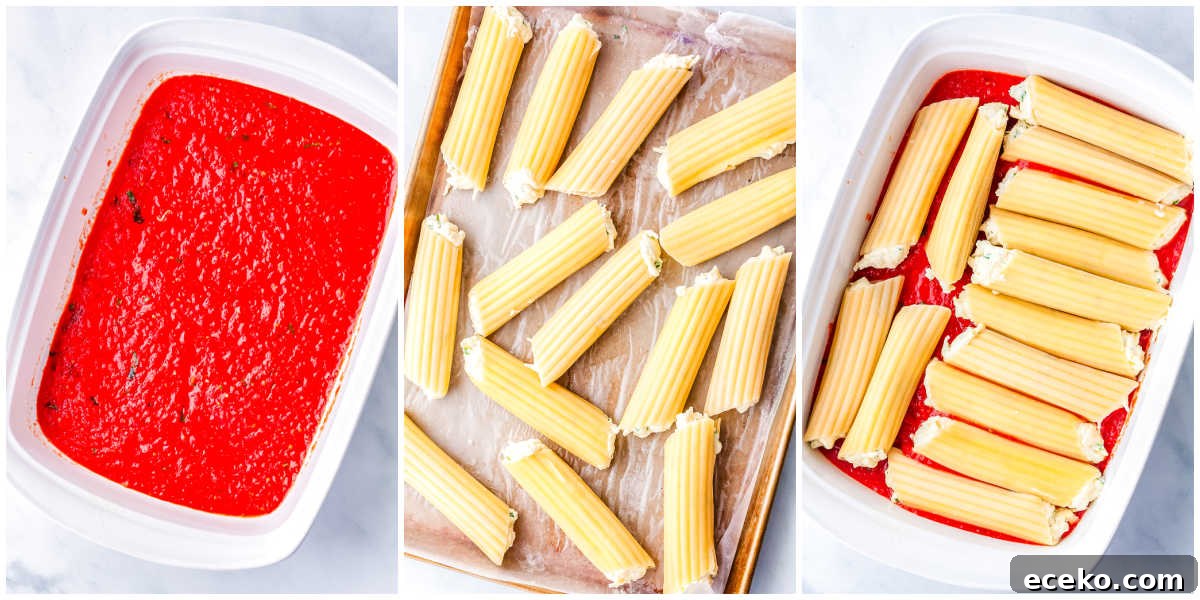 Three-Cheese Manicotti with Homemade Tomato Sauce 8 A collage showing the assembly: spreading sauce in the baking dish, the filled pasta tubes resting on a tray, and the stuffed manicotti arranged in rows inside the dish.