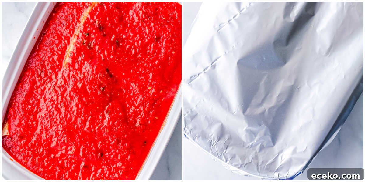Three-Cheese Manicotti with Homemade Tomato Sauce 9 Two images showing the final steps before baking: the pasta covered completely with the remaining tomato sauce, and the baking dish wrapped tightly in aluminum foil.