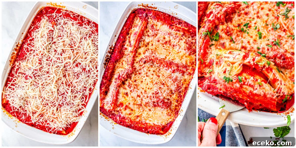 Three-Cheese Manicotti with Homemade Tomato Sauce 10 A collage showing the finishing steps: the baked pasta sprinkled with shredded cheese, the fully broiled golden-brown casserole, and a spatula lifting a serving out of the pan.