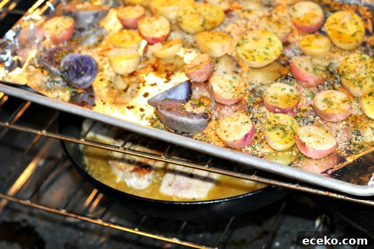 Garlic Butter Pork Chops in a Cast Iron Skillet Recipe 7 Garlic Butter Cast Iron Pork Chops in oven with oven roasted Baby potatoes