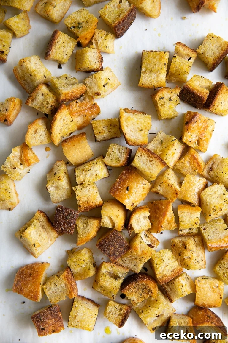 Crispy Homemade Croutons Recipe for Salads and Soups 2 Perfectly toasted croutons on a large baking sheet.