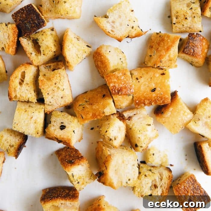 Crispy Homemade Croutons Recipe for Salads and Soups 10 Image of golden crispy homemade croutons on white parchment paper.