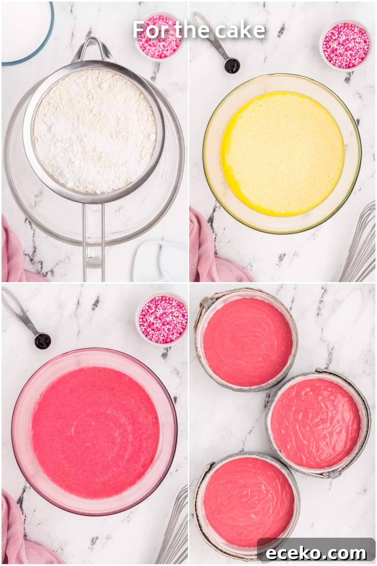 Cake batter being prepared and poured into pans.