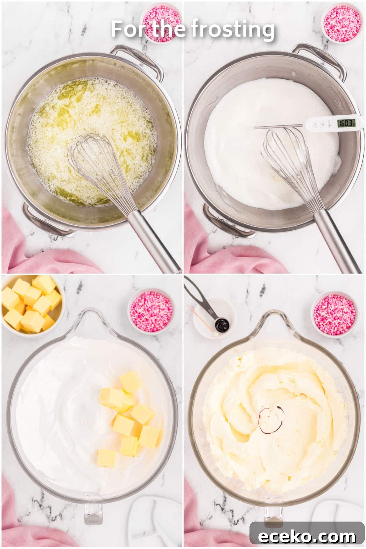 Swiss meringue buttercream being prepared in a mixer.