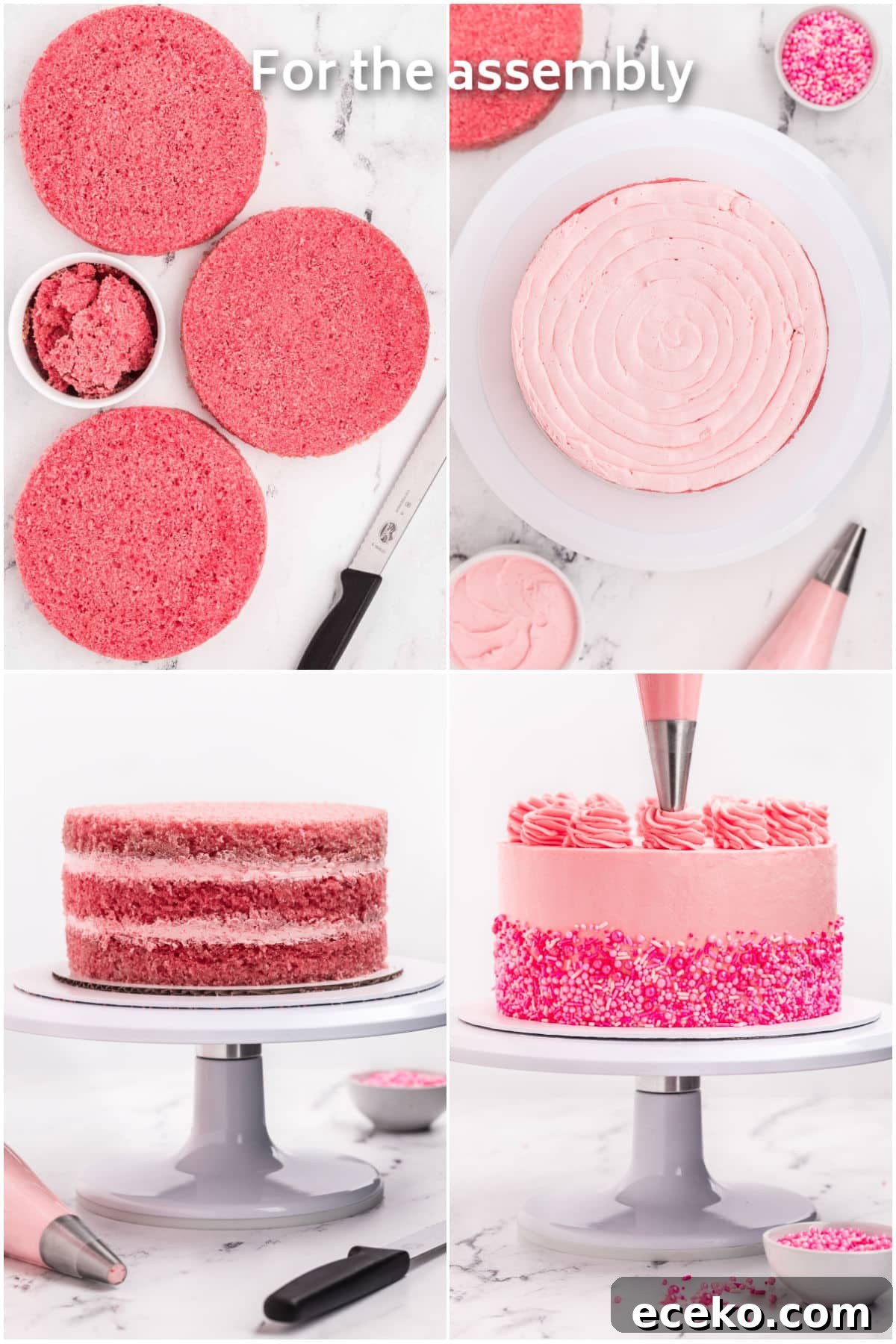 A layer cake being assembled and decorated.