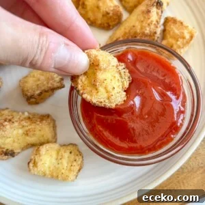 Crispy Air Fryer Tofu Nuggets — Quick Weeknight Recipe 11 Air fryer tofu nuggets on a plate, being dipped into a small bowl of ketchup